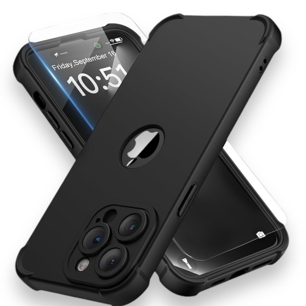 IP 14 Pro Heavy Duty, 2pc Tempered Glass, Slim Black Phone Case- NEW